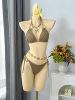 Sexy Mesh Cover Up 3 Piece Bikinis Sets 2026 Women Black Metal Chain Strap Push Up Thong Swimsuit Holiday Bathing Suit Swimwear