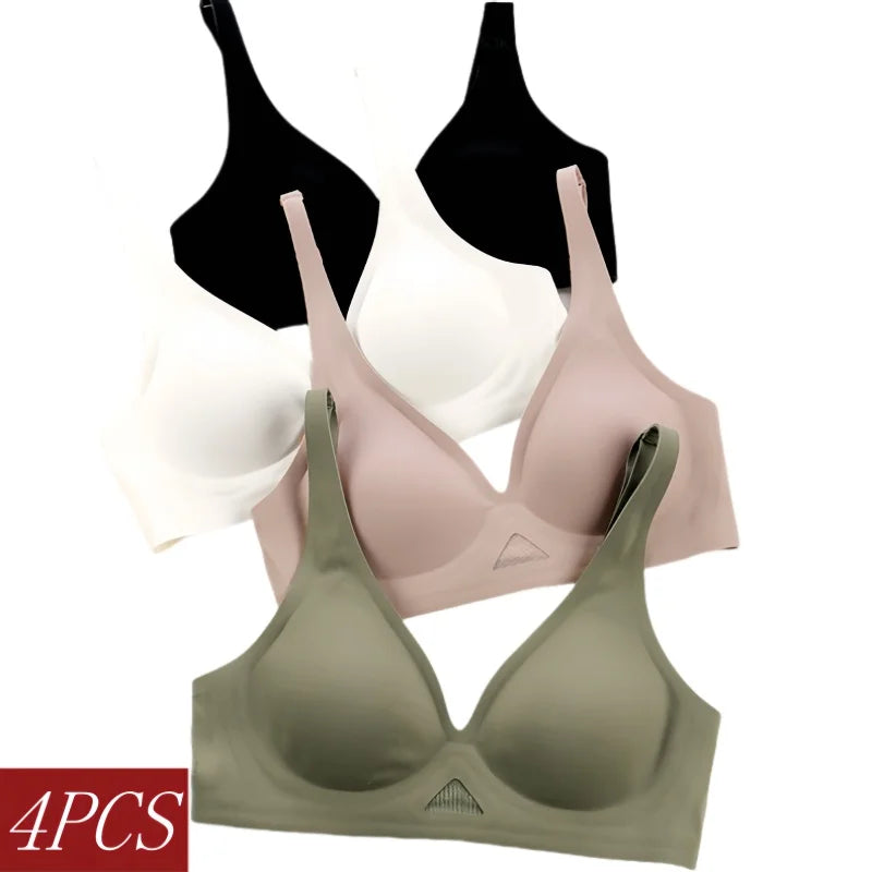 4Pcs/Set Seamless Bras For Women Non-wire Bra Push Up Deep V Underwear Female Invisible Padded Brasiere Sexy Lingerie