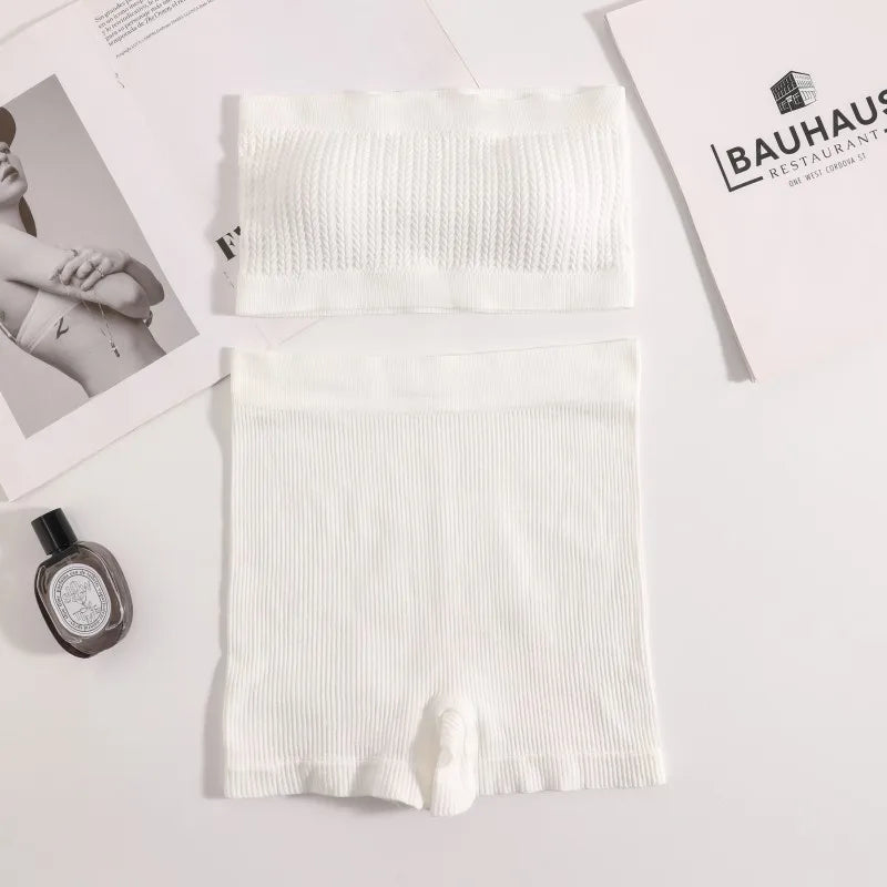 Women Seamless Bra Set Ribbed Sports Shorts Sexy Strapless Lingerie Set Nonwire Bralette Female Bandeau Underwear Set