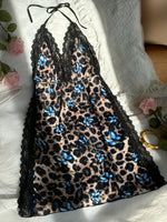 Women Leopard Print Lace Nightgown V Neck Cami Sleepwear Adjustable Spaghetti Strap Side Slit Lounge Dress