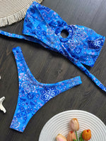 Floral Printed Wrinkled Bandeau Bikini Female Swimsuit Women Swimwear Two-pieces Bikini Set High Cut Bather Bathing Suit Swim