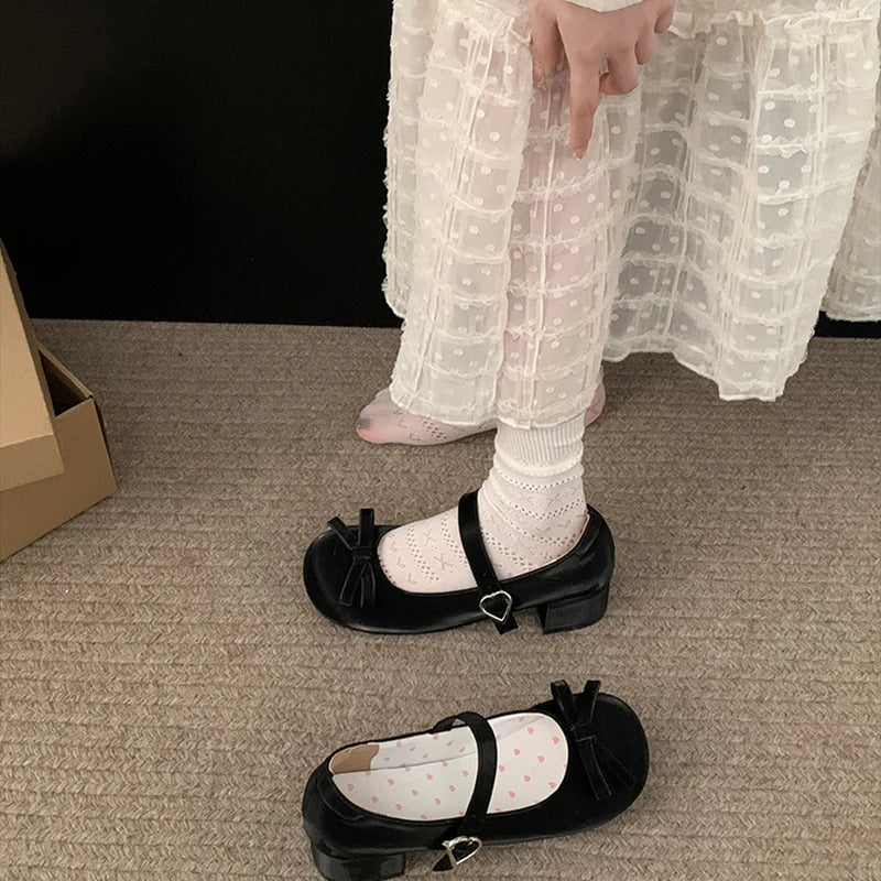 Preppy Butterfly-Knot Low Heel Mary Janes Women Vintage Solid Buckle Strap Pumps Woman Cute Sweet Lolita Single Shoes for Ladies
