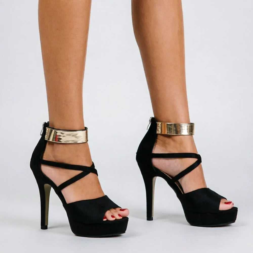 Women's Sexy Peep Toe Platform 12cm High Heel Sandals with Gold Metal Classic Ankle Strap Crisscross Stiletto Heel Party Shoes