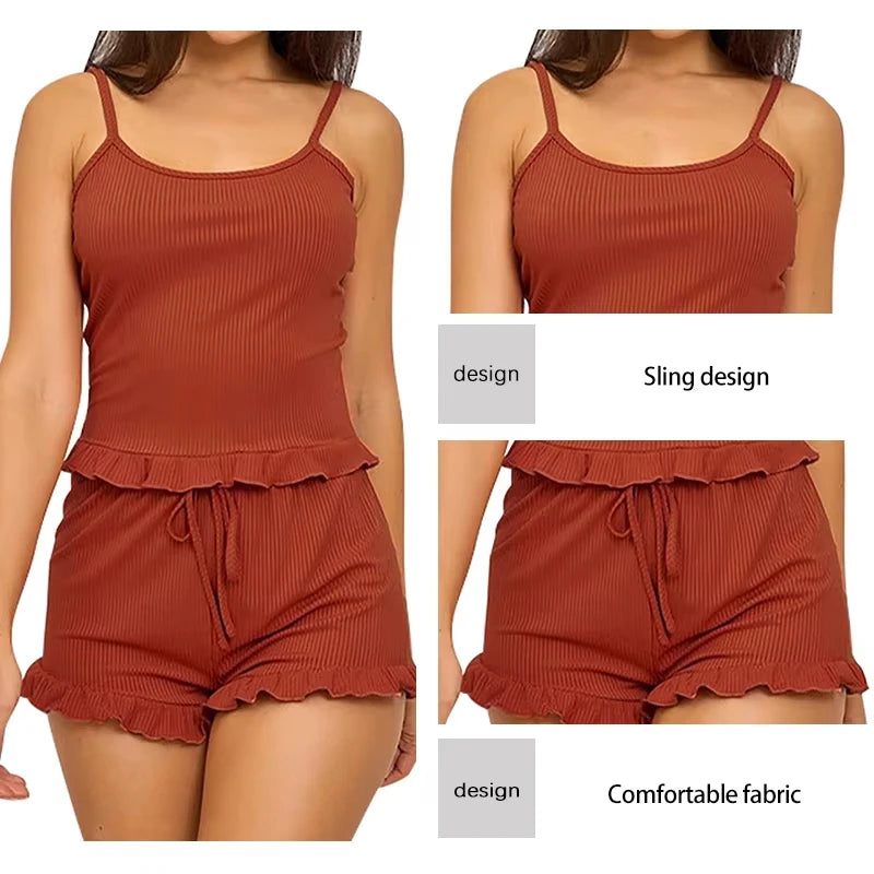 New Summer Womens Ribbed Knit Pajama Set Ruffle Trim Cami Top Drawstring Shorts Loungewear Two Piece Sleepwear Sexy Homewear