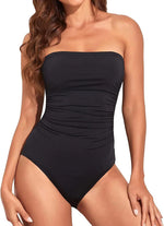 Sexy Bandeau One Piece Swimsuit 2025 Women Black Pleate Slimming Tummy Control Swimwear Summer Holiday Bathing Suit Monokini