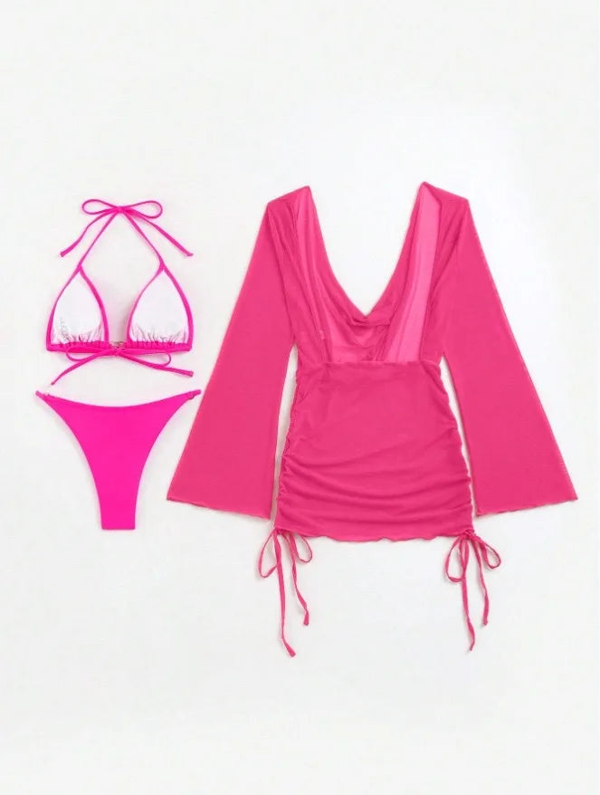2024 Red 3 Pieces Set Swimsuit Women Thong Swimwear Sexy Matching Bikini Set Long Sleeve Dress Cover Up Beachwear Bathing Suit