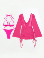 2024 Red 3 Pieces Set Swimsuit Women Thong Swimwear Sexy Matching Bikini Set Long Sleeve Dress Cover Up Beachwear Bathing Suit