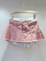 Women's Denim Skirt High Waist Pleated Patchwork Contrast Color Big Pockets Burrs A-line Mini Skirt 2026 Summer New SKIRTS 7W7E
