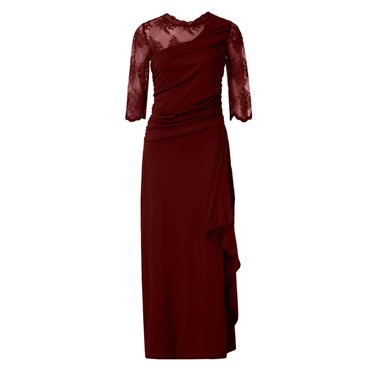 Women Elegant Lace Long Dress Sexy See Through Round Neck Mid Sleeve Dress Solid Color Evening Party Prom Dress Cocktail Gown