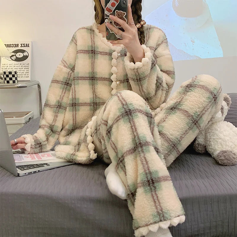 2025 New Flannel Plaid Sleepwear Women Winter Ruffles Pajama Pants Warm 2 Pieces Fluffy Button Night WearsSet Home Wear