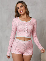 Women’s Floral Pajama Set Long Sleeve Button Front Crop Top and Lace Trim Shorts Soft Ribbed Loungewear
