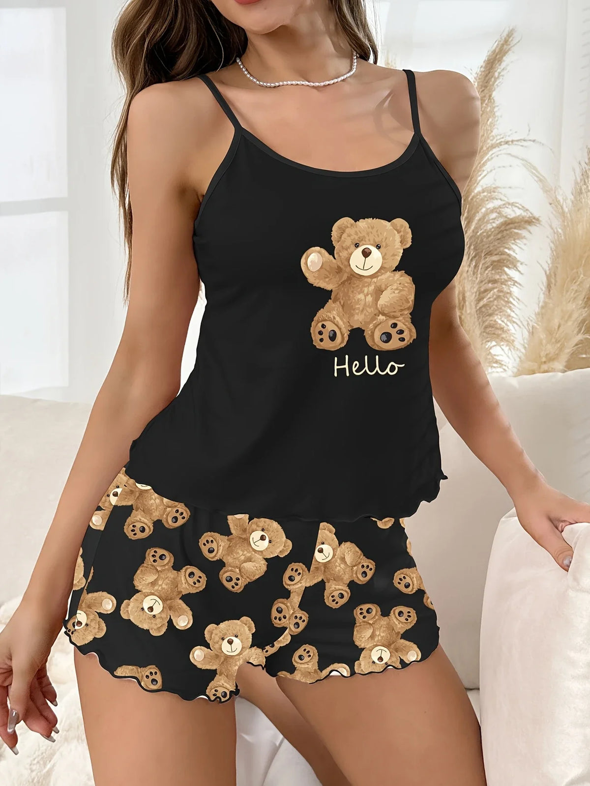 Summer Pajamas Set for Women's Loungewear Black Cute Bear Printed Sling Crop Tops and Shorts Sleepwear Home Wear Clothes