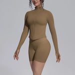 Women's Seamless Yoga Sets Sports Fitness Gym Zipper Long-Sleeve Jacket Hip Lift High-Waist Shorts Suits Workout Training Sets