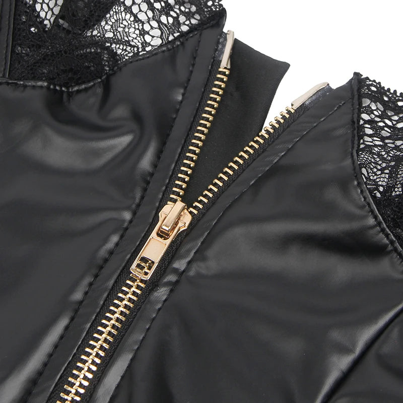 Black Sexy Lingeries Faux Leather Hollow Out Ruffled Lace Zipper Deep V-Neck Jumpsuits Adjustable Straps Elegant Women Bodysuits