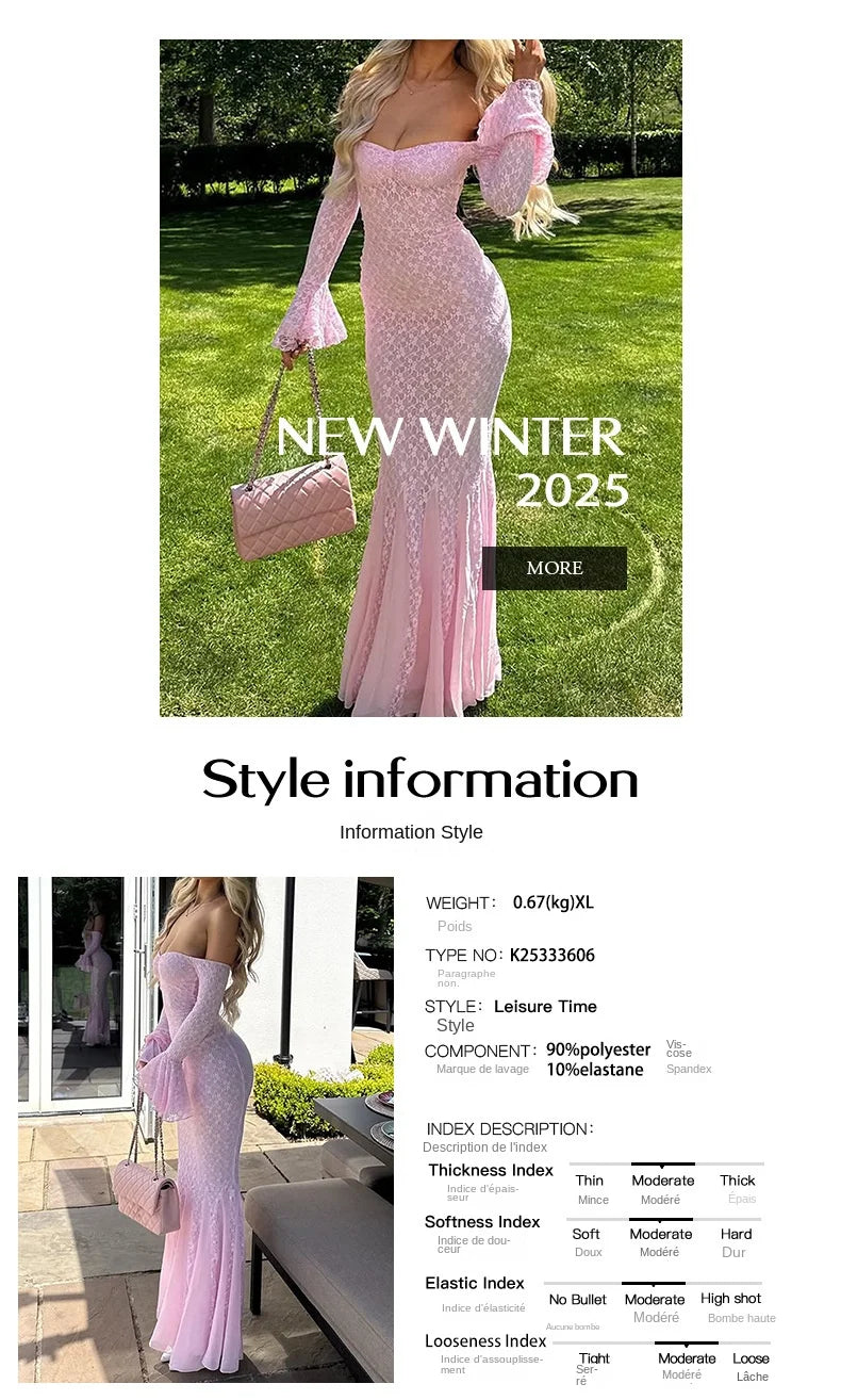 Elegant French Style Pink Long Dress Women Lace Long Sleeved Dress Evening Gown Party Wedding Dress up Lady Spring Summer Outfit