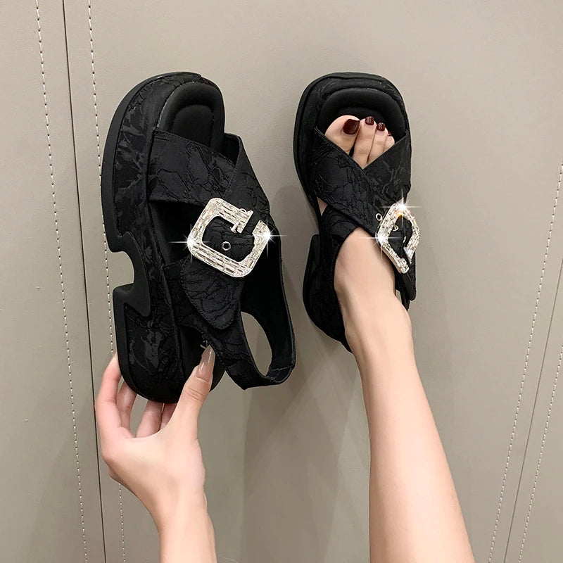 Fashion Crystal Buckle Platform Sandals Women Pink Embroidery Thick Heels Sandalias Mujer Comfortable Heightened Rome Sandals