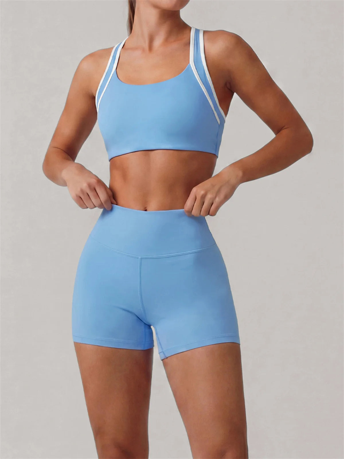 Summer 2 Pieces Yoga Sets Women Color Contrast Back I-shaped Shockproof Sports Bra High Waist Shorts Gym Fitness Suit Tracksuit