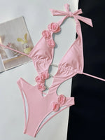 3D Flowers Pearl Deep V Neck Halter Backless Female Swimwear One Piece Swimsuit Women Monokini High Cut Bather Bathing Suit Swim