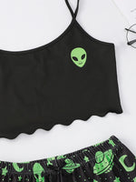 Sexy Alien Print Sling Sleepwear Women's Pajamas Set V-Neck Pyjamas Female Homewear Sleeveless CuteTop And Shorts
