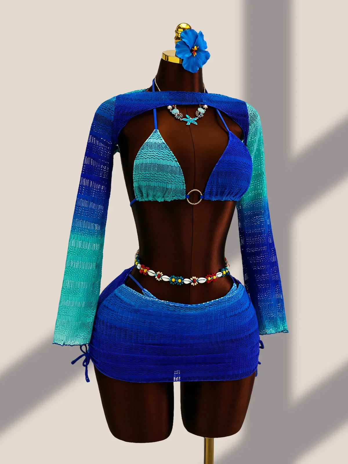 Sexy Blue Gradient Knitted 4 Piece Bikini Set 2026 Swimwear Women Long Sleeve Cover Up Drastring Skirt Holiday Thong Swimsuit