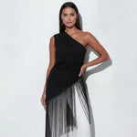Women's Summer One Shoulder Tank Tops Fashion Sleeveless Solid Color Ruched Tassel Hem Slim Fit Vest