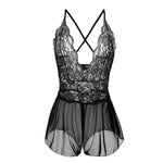 Sexy Women Night Dress Sleeveless Backless Porno Pajamas Floral Lace Erotic Nightwears+Thongs Sexy Short Transparent Dresses