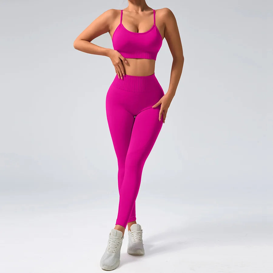2 pcs/set Seamless Tight Pants Set Rose Red Tank Top Outfit Women's Clothing BreathableTrousersAthleisure Fitness Pants