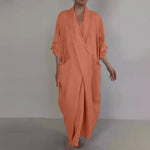 Bohemian Maxi Dress Spring Autumn Maxi Dress Robe Baggy Cross V Neck Large Pocket Retro A-line Casual Party Travel Dress