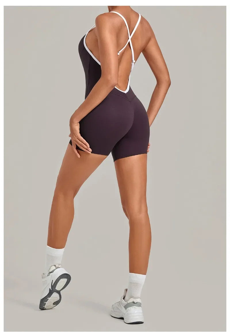 Women's Seamless Yoga Jumpsuits Fitness Sports Gym Hip-lifting Sleeveless One-piece Backless Workout Training Shorts Jumpsuit