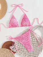 Sexy Sequin Blue Micro Bikini Set Women Shiny Push Up Bra Tie Side Triangle Swimsuit Summer Bathing Suit Holiday Swimwear 2026