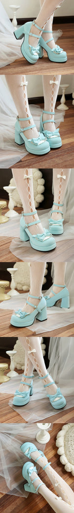Plus Size 48 Women's Sweet Lolita Mary Jane Heels Pumps Heart Buckle Cross Ankle Strap Bow Platform 5.5cm Block Heel Goth Shoes