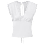 New Women Sleeveless Shirts Satin Lace Trim Deep V Neck Cropped Tops Blouses for Going Out Party Street Summer Vest