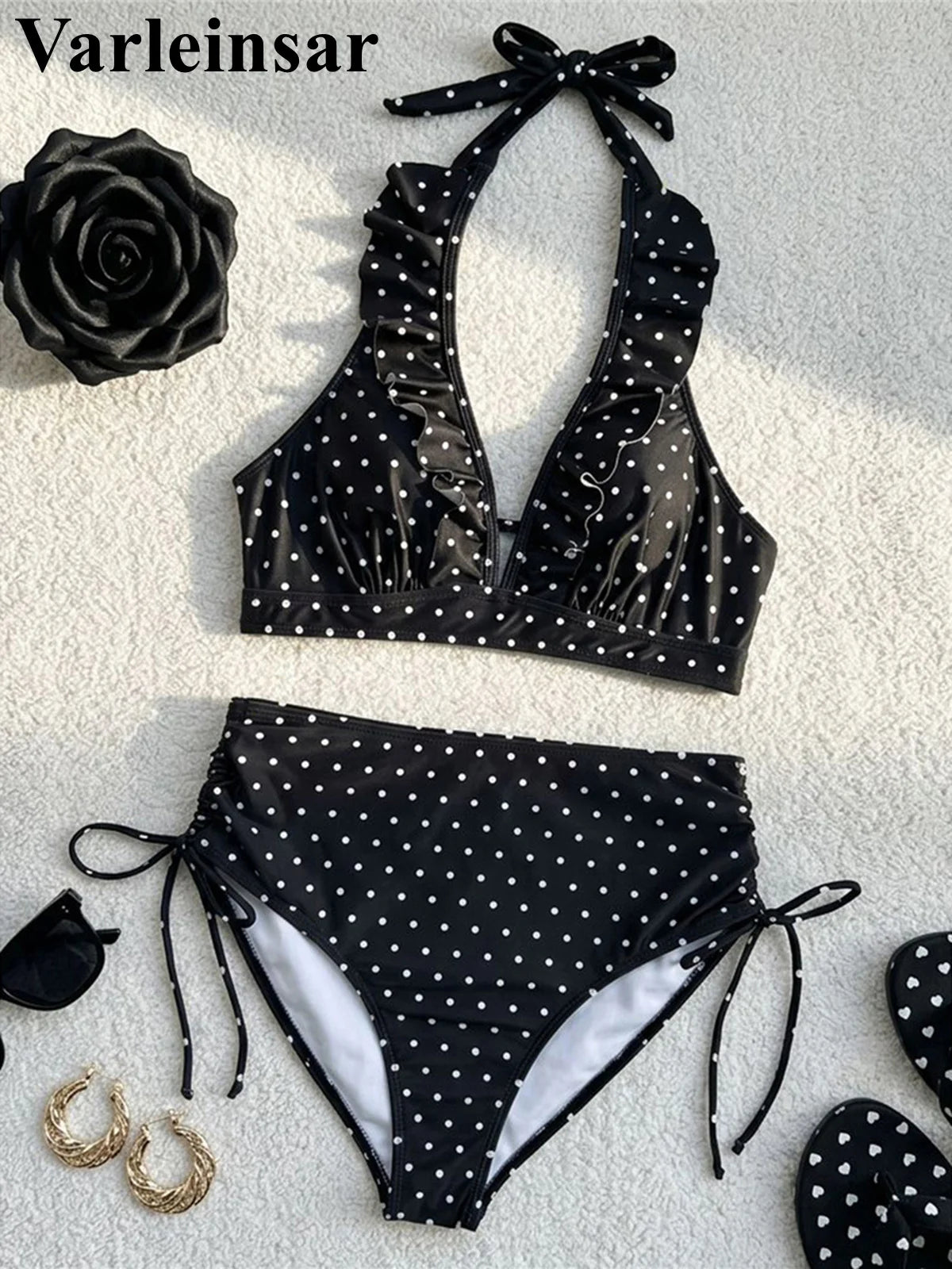 S - XL Polka Dot V Neck High Waist Bikini Female Swimsuit Women Swimwear Two-Pieces Bikini Set Bather Bathing Suit Swim V8111