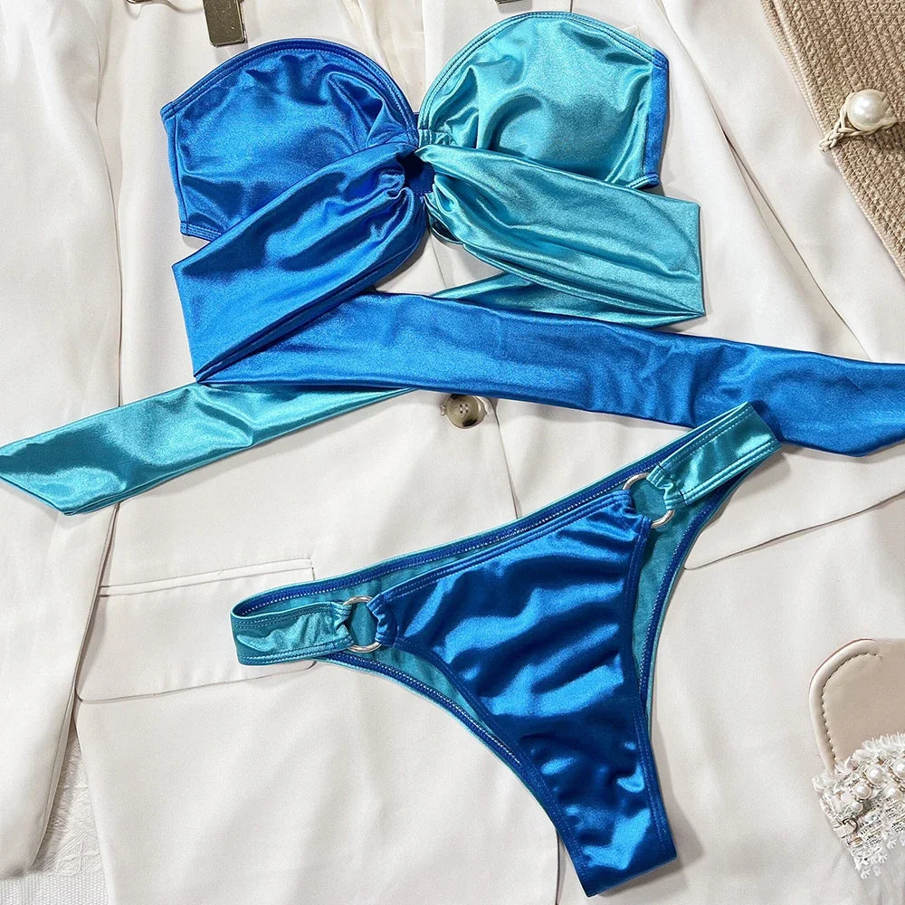 Splicing Strapless Bandeau Bikinis Sets 2026 Mujer Swimsuit Women Swimwear Back Bow Bathing Suit Biquinis Swim Wear Beachwear