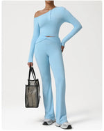 2 Pieces Women's Seamless Yoga Set Long-sleeved Shirt Flared-pants Tracksuit Running Fitness Sports Set Slim-fit High Waist Suit