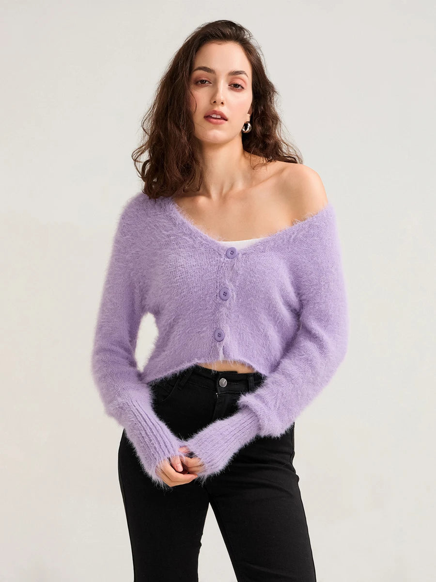 Fall Winter Women Button Down Cropped Knit Cardigan Solid Color Knitwear Fuzzy Long Sleeve V-Neck Loose Sweater