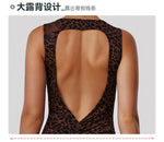 Sexy Brown Leopard Print Yoga Jumpsuit Women Hollow Out Backless Sleeveless Slim Gym Running One Piece Flare Pants Sports Suit