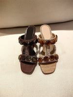 Boho Raffia Comfortable 8cm High Heels Wedge Slide Mules T-Strap Vacation Beach Straw Heels Espadrille Wedge Sandals Women Shoes