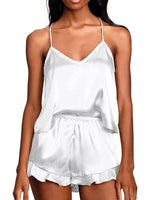 2 Piece Sets Women Nightwear Solid Color Sleeveless Camisole Tops + Ruffle Shorts Sets Summer Pajama Set Loungewear