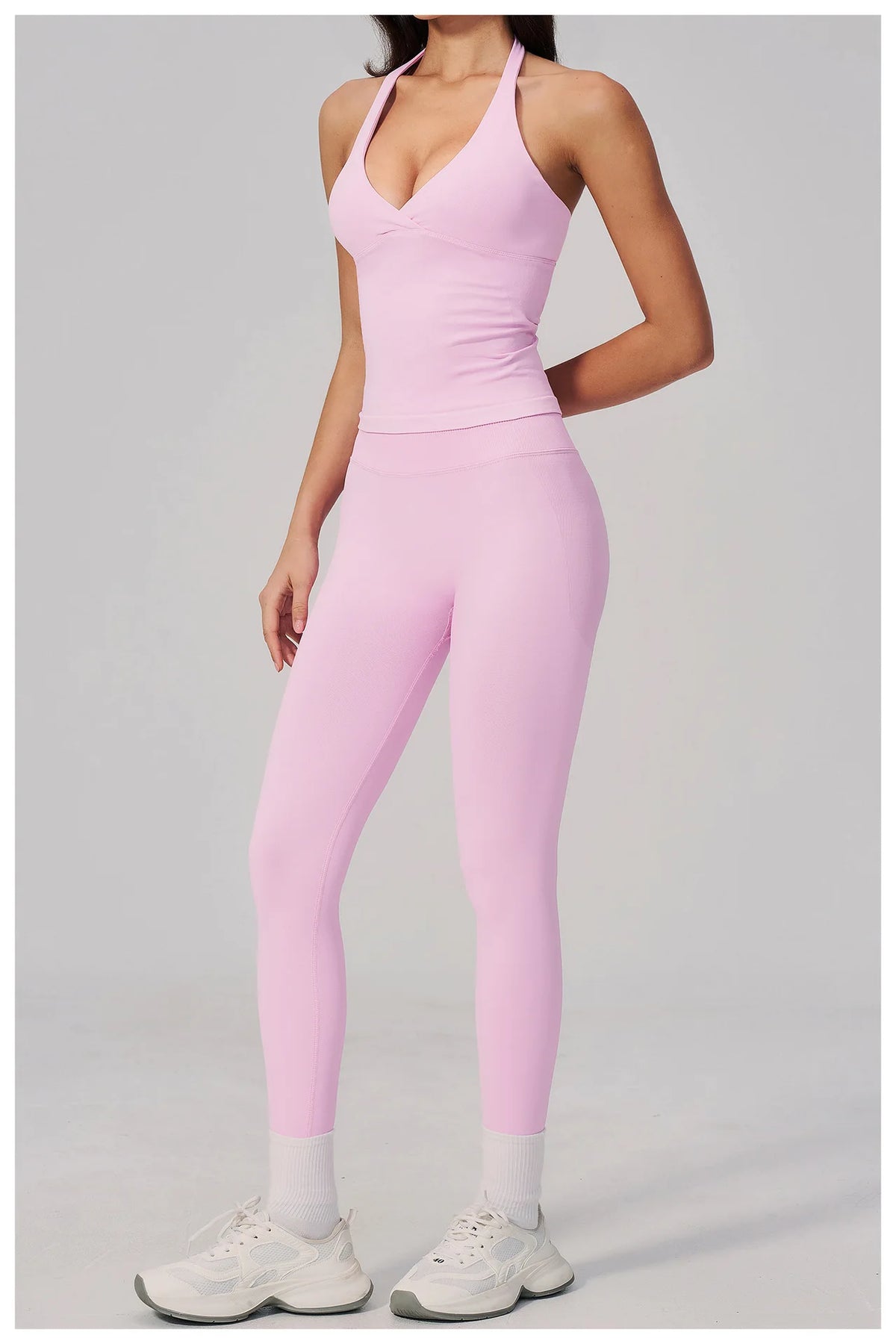 Summer Seamless Yoga Sets Women V Neck Slim Sports Tank Top Fitness Suit Peach Hip High Elasticity Leggings Running Tracksuit