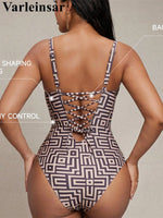S - XL Printed Underwired V Neck Women Swimwear One Piece Swimsuit Female Lace Up High Leg Cut Bather Bathing Suit Swim V7552