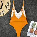 V Neck Ribbed High Cut Women Swimwear One Piece Swimsuit Female Backless Monokini with Waist Belt Bathing Suit Swim Beachwear