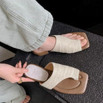 Fashion Summer Vacation Sandals Soft Woven Toe Flip-Flops Concise Square Toe Thick Heel Slippers Breathable Casual Women's Shoes