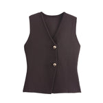 Foridol Gold Button Knitted Tank Top Women Autumn Winter Burgundy Short Vest Sleeveless V Neck Chic New Fashion Tops