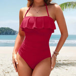 One Piece Women Swimwear 2025 Strapless Ruffle Tummy Control Bandeau Swimsuit Removable Strap Slimming Women's Bikinis