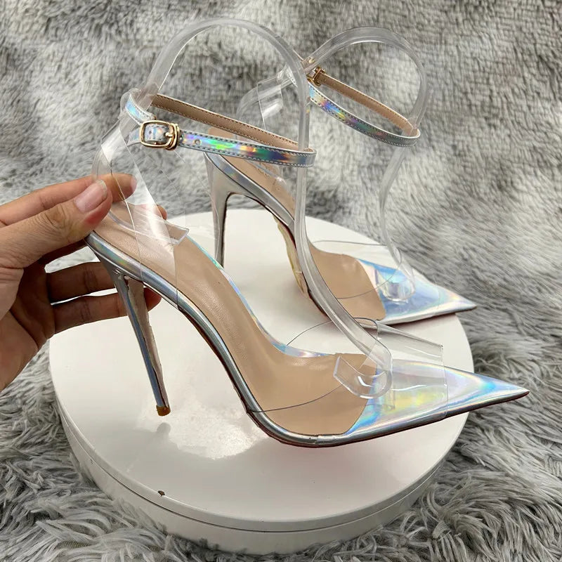 Clear PVC Patchwork SandalsNewest Transparent Straps Stiletto Heel Sandals Sexy Laser silver High Heels Wedding Shoes12cm
