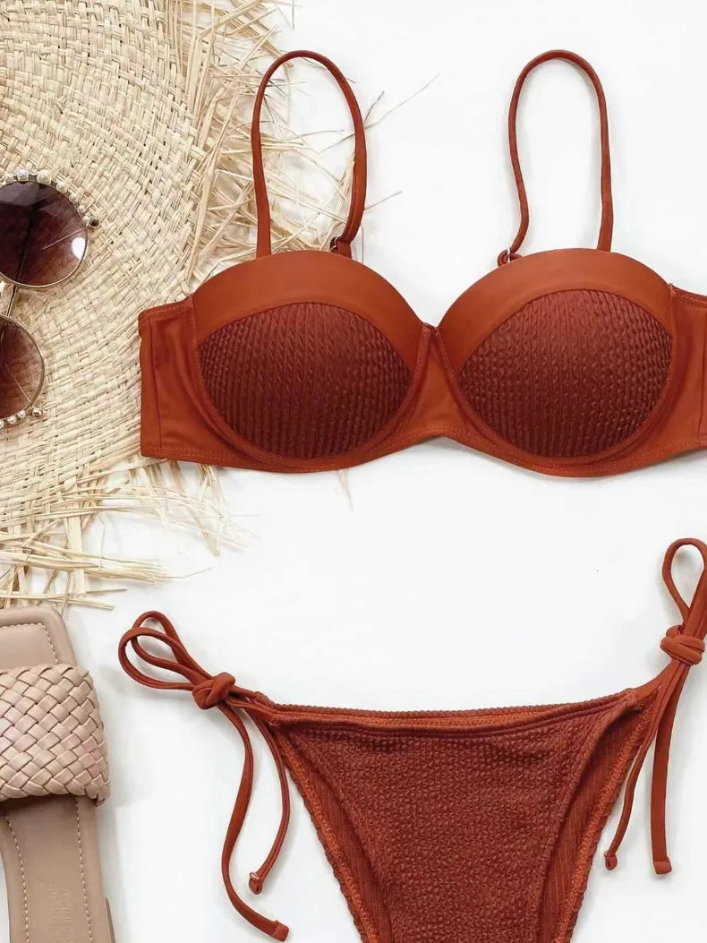 Bikini Sexy Women Push Up Swimwear Swimsuit Brown Patchwork Pleated Knotted Bikinis Set Bathing Suit Beach Bikini Female 2026