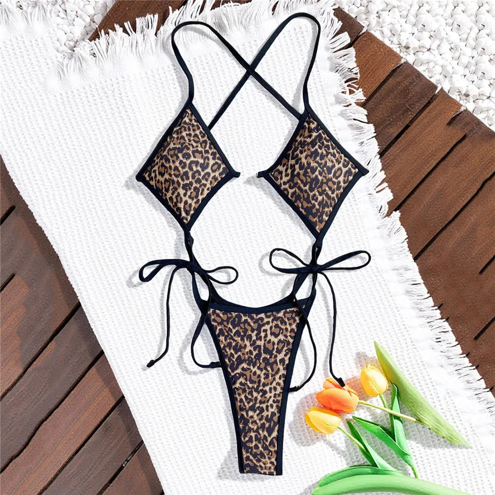Leopard Print One Piece Swimsuits for Women String Lace-up Triangle Bikini Swimwear 2026 Hollow Out Monokini Bathing Suit Summer