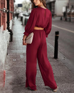Women's 2 Piece Lounge Set Satin Outfits Fall Casual Long Puff Sleeve Crop Tops Loose Wide Long Pants