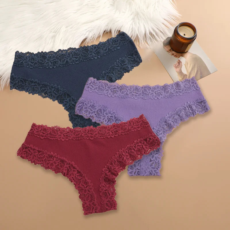 3Pcs Sexy Women Cotton Brazilian Pants Lace Brazilian Briefs Low Waist Floral Solid Color G-string Breathable Soft Lingerie